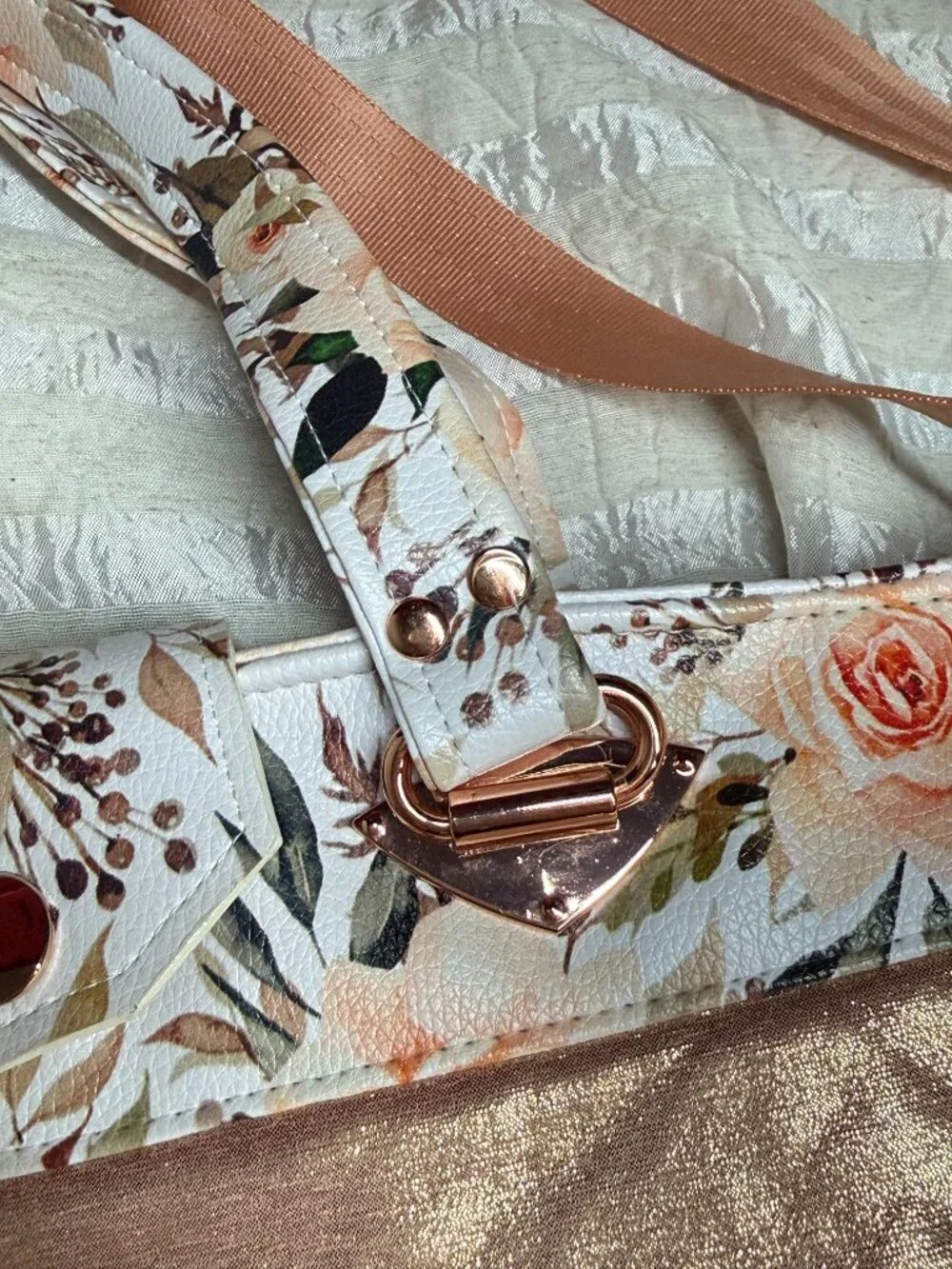 Queen & Beyond Rose Floral Faux Leather Diaper Bag Tote Rose Gold